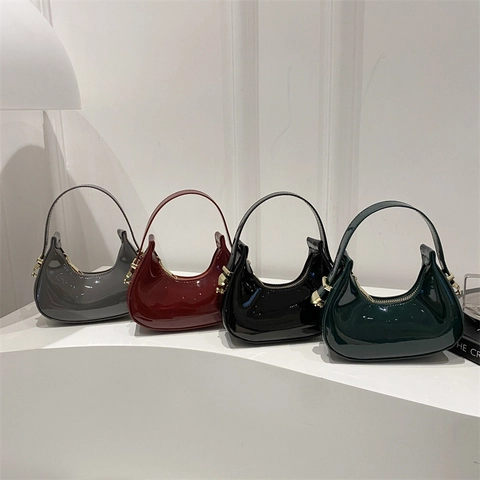 Vintage Glossy Patent Leather Hobo Bag For Women Mini Half Moon Handbag Casual Solid Color Top Handle Bag Fashion Accessory
