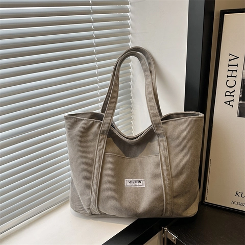 Tote Bag en Velours Côtelé pour Femmes Grande Capacité Sac à Main Épaule Vintage Minimaliste Décontracté