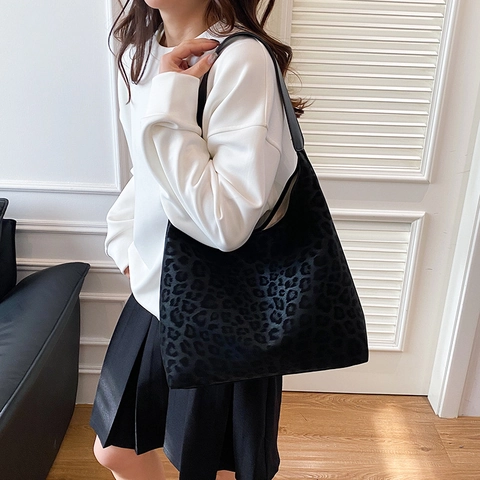 Borsa A Spalla Con Stampa Leopardata Da Donna Grande Capacità Texture Scamosciata Pelle PU Hobo Tote Casual Retrò