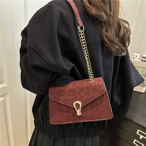 Leopard Print Faux Suede Crossbody Bag Vintage Gold Chain Small Square Bag For Women Casual Satchel