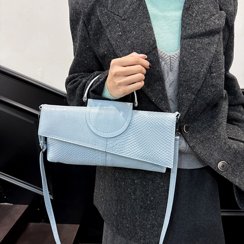 Women PU Leather Crocodile Pattern Crossbody Bag Vintage Splicing Clutch Handbag With Metal Ring Handle For Banquet Party