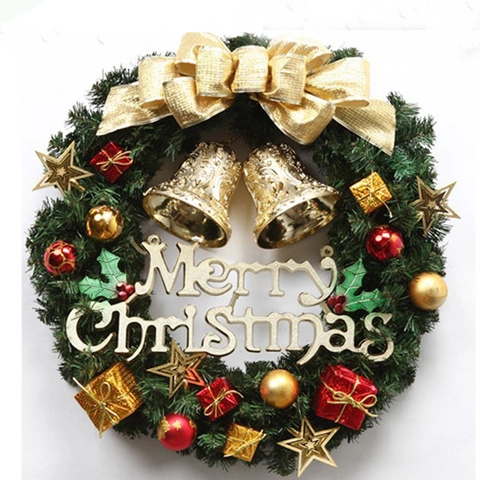 Ghirlanda Di Natale Ago Di Pino Artificiale Con Fiocco Rosso Oro Campanelli E Scritta Merry Christmas Decorazione Porta