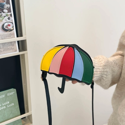 Women's Creative Umbrella Shaped Crossbody Bag Rainbow Patchwork PU Leather Mini Shoulder Bag For Daily Casual Fashion