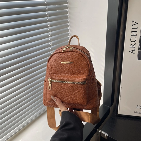 Mini Zaino da Donna Vintage in Pelle PU Intrecciata Urbano Casual Leggero Daypack Con Hardware Dorato per Viaggi Shopping Borsa Donna