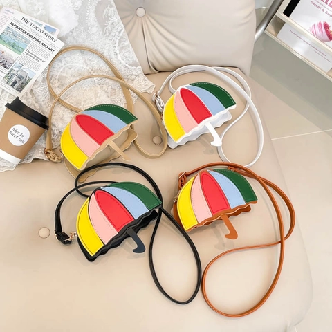 Creativa Borsa a Tracolla Mini a Forma di Ombrello Per Donna Bambini Rainbow Patchwork Pelle PU Borsa a Spalla Piccolo Portamonete
