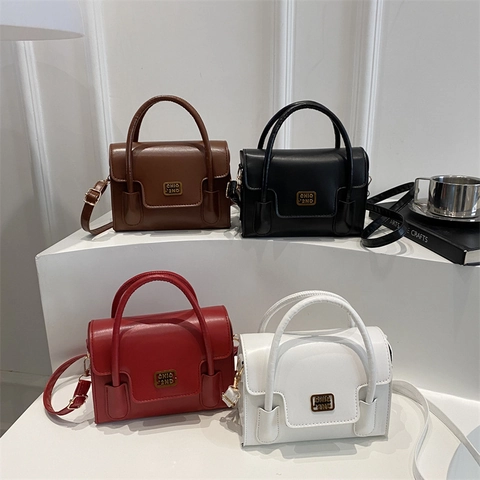 Vintage Damen PU Leder Kleine Quadratische Umhängetasche Einfarbig Klappe Handtasche Mit Goldenem Metall Logo Für Alltag