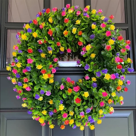 Colorful Artificial Eucalyptus Wreath For Front Door Farmhouse Spring Summer Floral Wreath For Wall Window Wedding Home Decor