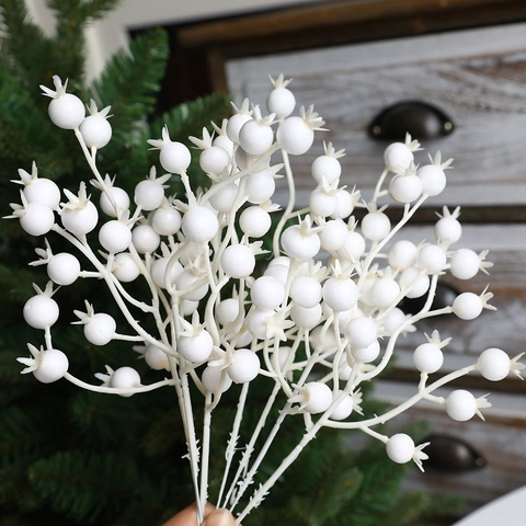 Artificial White Berry Branch Stems For Christmas Tree Decoration Winter Festive Home Decor Arrangement Foam Berry Picking