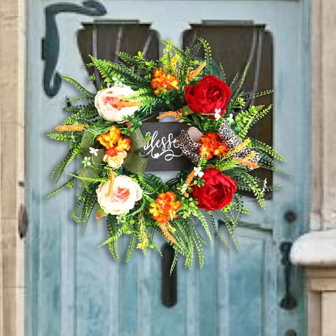 Guirnalda de Acción de Gracias Artificial Con Letrero Blessed Peonía Rosa Flores Lazo Leopardo Decoración Puerta Otoño Hogar