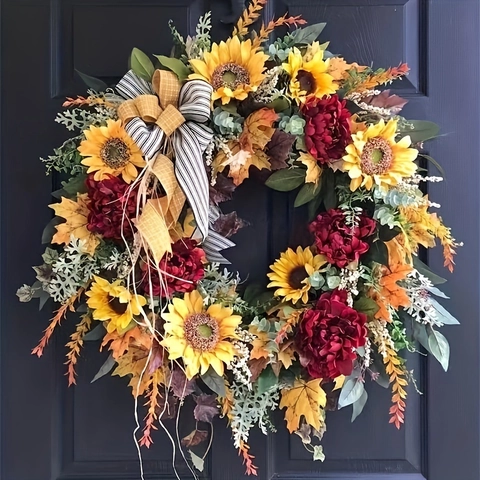 Autumn Wreath Sunflower Satin Cloth Harvest Festival Thanksgiving Front Door Decor Rustic Buffalo Plaid Bow Artificial