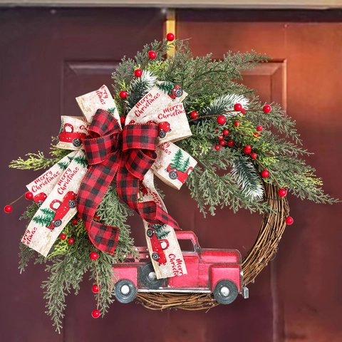 Ghirlanda di Natale Camioncino Rosso Vintage Fiocco a Quadri e Bacche per Porta d'Ingresso Decorazione Natalizia