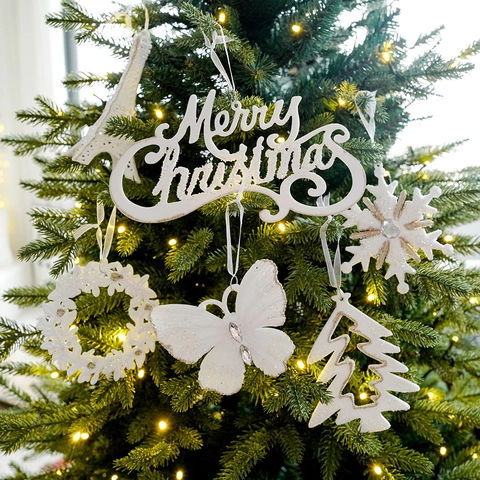White Glitter Christmas Tree Hanging Ornaments Acrylic Butterfly Eiffel Tower Snowflake Merry Christmas Letter Plate Festive Home Party Decor