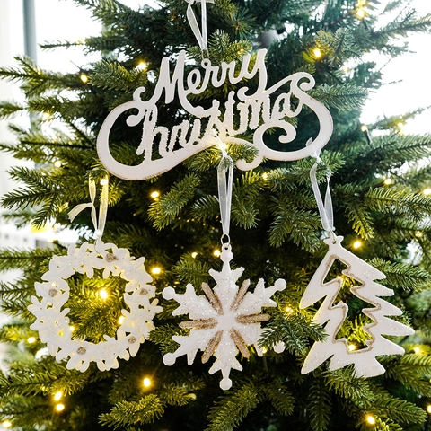 White Glitter Christmas Tree Hanging Ornaments Acrylic Butterfly Eiffel Tower Snowflake Merry Christmas Letter Plate Festive Home Party Decor