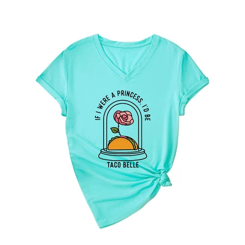 Women Casual V Neck Short Sleeve T-Shirt Cotton Blend Funny Princess Taco Rose Graphic Print Summer Fashion Loose Top