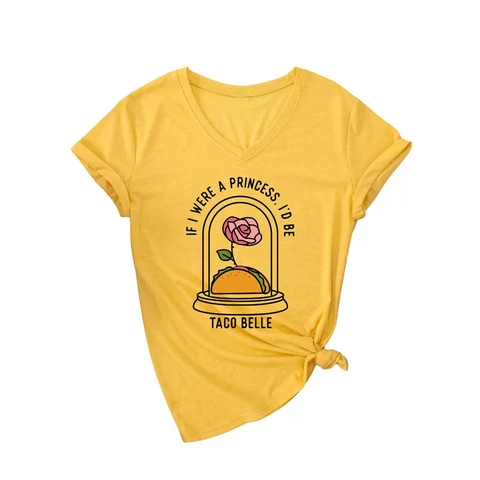 Women Casual V Neck Short Sleeve T-Shirt Cotton Blend Funny Princess Taco Rose Graphic Print Summer Fashion Loose Top