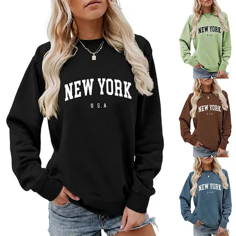 Women Casual Cotton Blend Crew Neck Sweatshirt New York USA Letter Print Loose Pullover Top Streetwear Fashion