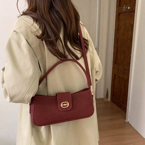 Bolso de Axila de Cuero PU para Mujer Minimalista Retro Color Sólido Bolso de Hombro con Hebilla de Metal Bolso de Mano de Moda para Viaje
