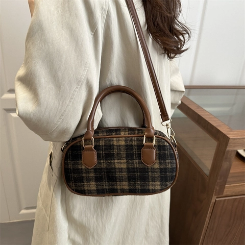 Women Vintage Plaid Boston Bag PU Leather Woolen Fabric Crossbody Handbag Contrast Color Retro Shoulder Bag For Daily Office Shopping
