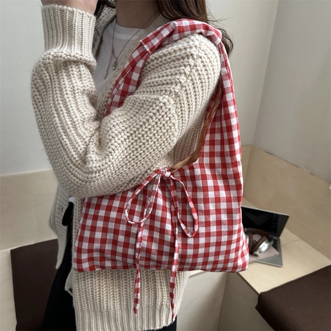 Borsa Tote in Tela a Scacchi Donna Fiocco Leggera Grande Capacità Borsa a Spalla Stile Coreano Retrò Borsa a Mano Casual