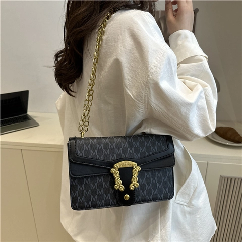 Vintage Monogram PU Leer Crossbody Tas Voor Vrouwen Metalen Ketting Mode Print Flap Schouder Kleine Vierkante Tas