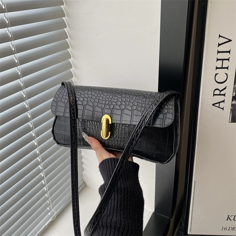Vintage Krokodil Prägung PU Leder Unterarmtasche Für Damen Französischer Stil Umhängetasche Mit Goldenem Metallschloss Minimalistische Handtasche