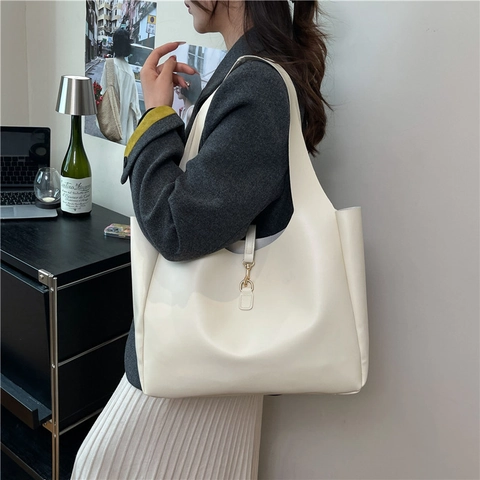 Bolso de Mano de Cuero PU de Gran Capacidad para Mujer Bolso de Hombro Urbano Minimalista Con Gancho de Metal