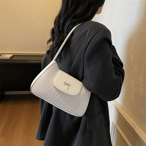 Borsa Sottobraccio in Pelle PU con Motivo Coccodrillo Vintage per Donna Borsa a Tracolla Minimalista con Fiocco in Metallo