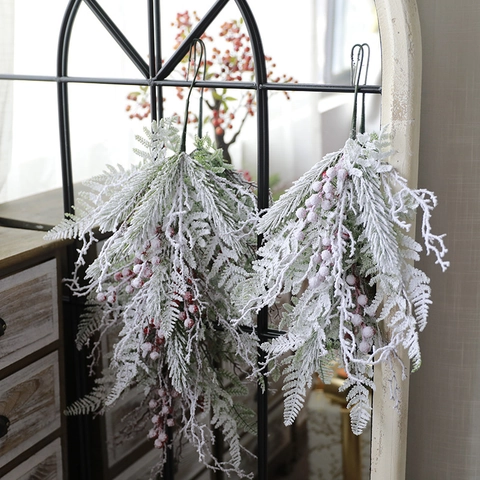Christmas Swag And Garland Flocked Snow Effect Artificial Pine Needles Red Berries For Home Door Wall Decoration Hanging