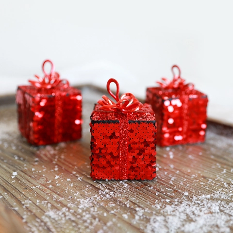 Adornos Colgantes de Caja de Regalo de Espuma con Lentejuelas de Navidad Rojo Dorado Decoraciones para Fiesta Festiva Hogar