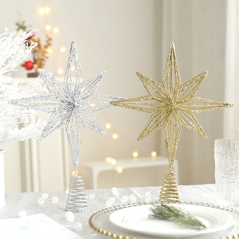 Cimier De Sapin De Noël Étoile Pailletée Fer Creux Pentagramme Scintillant Décoration De Fête De Vacances