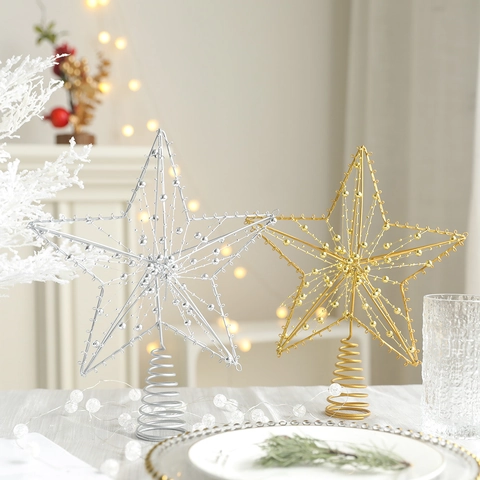 Cimier De Sapin De Noël Étoile Pailletée Fer Creux Pentagramme Scintillant Décoration De Fête De Vacances