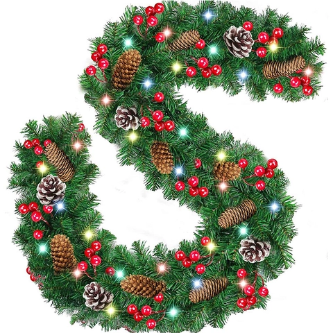 Guirnalda de Navidad Extra Larga PVC Agujas de Pino Artificiales Con Bayas Rojas Piñas Luces LED Decoración Festiva Para Escaleras Manto