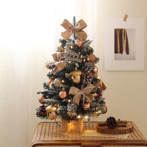 Pre-Lit Desktop Mini Christmas Tree With LED Lights Flocked Snow Pinecone Berry Ornaments For Holiday Home Office Table Decor