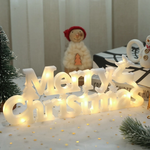 LED Merry Christmas Sign Reindeer Star Ornament Warm White Light Festive Holiday Decor Plastic Hanging Plaque