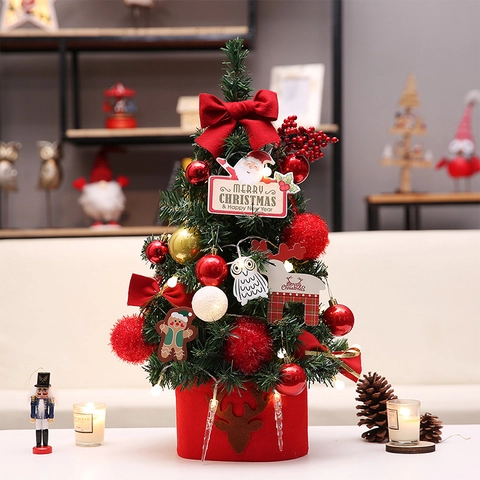 Mini Árbol De Navidad Artificial Decoración De Escritorio Con Luces LED Adornos Lazos Y Bolas Para Hogar Y Oficina
