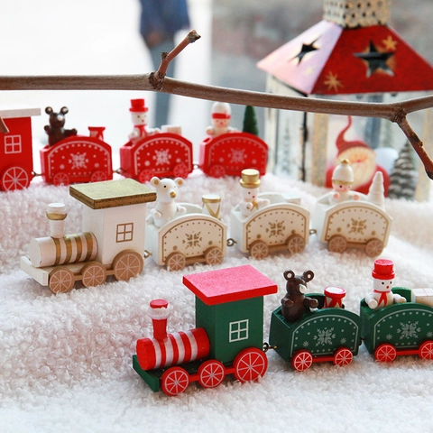 Hölzerne Weihnachtszug Dekoration Miniatur Vier Abschnitte Mit Bär Schneemann Für Haus Desktop Urlaub Party Ornamente Geschenk