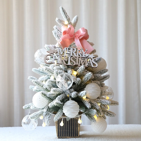 Árbol de Navidad de Mesa Flocado Con Luces LED Mini Set Árbol de Navidad Artificial Con Adornos Lazo Para Decoración