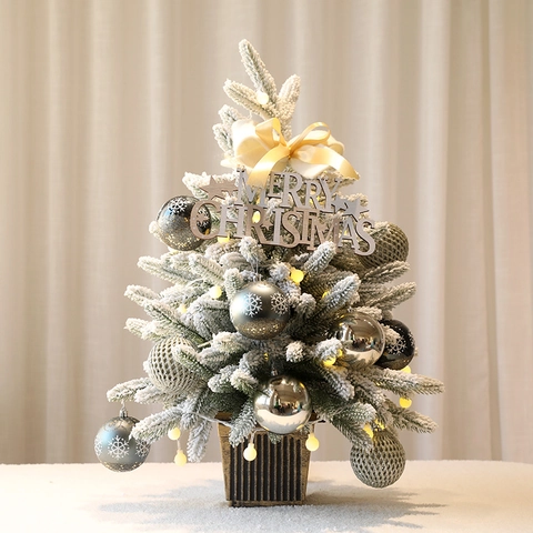 Árbol de Navidad de Mesa Flocado Con Luces LED Mini Set Árbol de Navidad Artificial Con Adornos Lazo Para Decoración