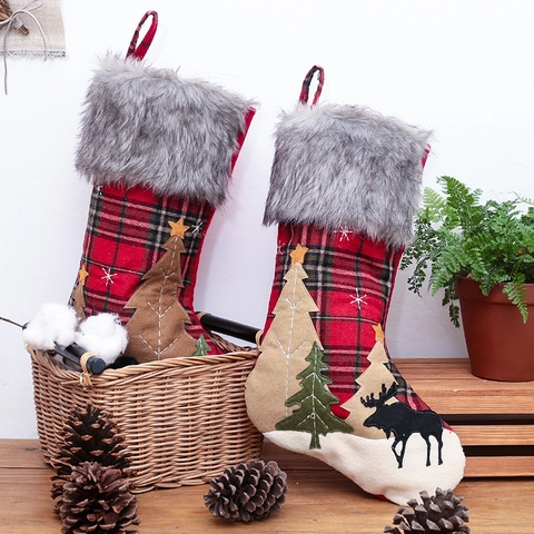 Ruitjes Kerstsok Met Kunstbont Rand Rendier Kerstboom Appliqué Feestelijke Kerstdecoratie Cadeauzak