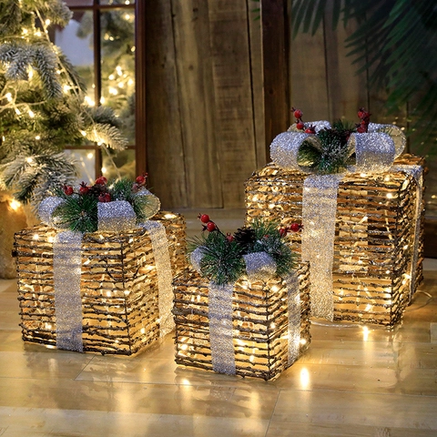 Christmas Iron Rattan Light Up Gift Box Set With LED Lights Artificial Pine Needles Cones Ribbon Bows Festive Decorative Ornaments