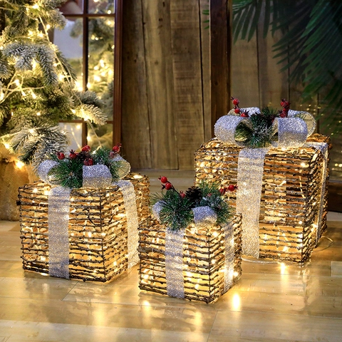 Christmas Iron Rattan Light Up Gift Box Set With LED Lights Artificial Pine Needles Cones Ribbon Bows Festive Decorative Ornaments