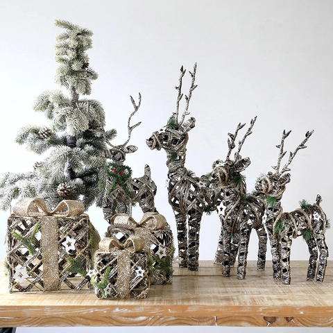Décoration de Noël en Fer Tissé Forme Renne Lumineux Paillettes Bonhomme de Neige Boîte Cadeau Pour Hôtel Maison Vitrine Fête
