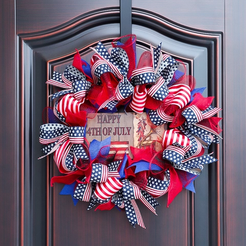 Corona Del Giorno Dell'Indipendenza Patriottica Nastro Rosso Bianco Blu Arredo Porta Con Targa In Legno Happy 4th Of July