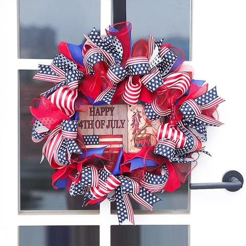 Corona Del Giorno Dell'Indipendenza Patriottica Nastro Rosso Bianco Blu Arredo Porta Con Targa In Legno Happy 4th Of July