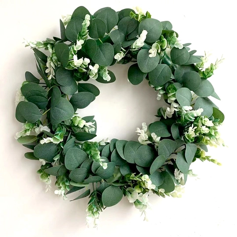 Artificial Eucalyptus Wreath Satin Plastic Green Leaves White Flowers Home Front Door Wall Decor Nordic Style Festive