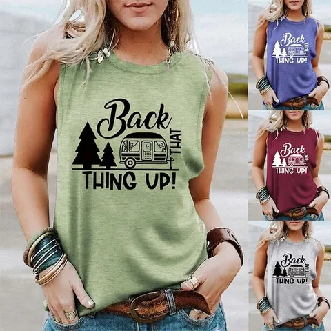Débardeur Femme Décontracté en Mélange de Coton Sans Manches Col Rond Back That Thing Up Impression Graphique Camping Camping-car Haut d'Été