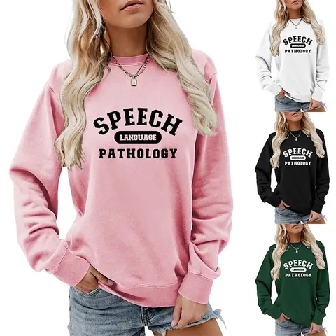 Sweat-shirt Femme Décontracté Imprimé Lettres Speech Language Pathology Col Rond Manches Longues Pullover Coupe Ample Haut en Mélange de Coton