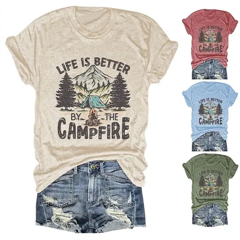 Γυναικείο Casual T-Shirt από Μείγμα Βαμβακιού Στρογγυλή Λαιμόκοψη Life Is Better By The Campfire Outdoor Camping Εκτύπωση Κοντό Μανίκι Ρετρό Top