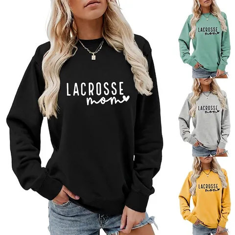 Lacrosse Mom Heart Print Sweatshirt Women Round Neck Long Sleeve Cotton Blend Pullover Casual Streetwear
