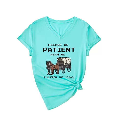 Women Retro Carriage Graphic V-Neck T-Shirt Cotton Blend Short Sleeve Humorous Letter Print Summer Loose Casual Streetwear Top